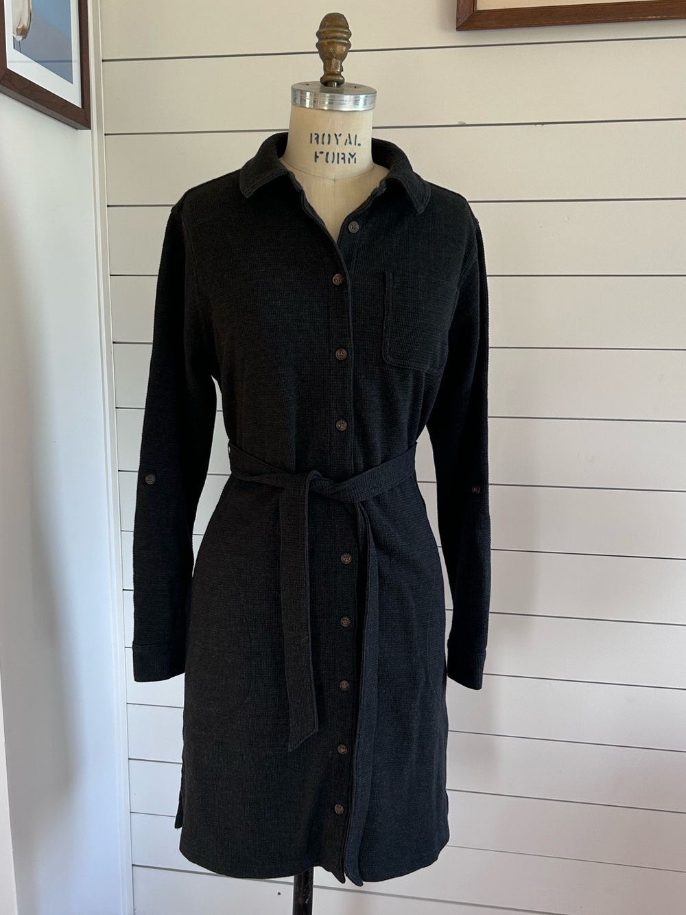 Gray Waffle Knit Shirt Dress with Tie Belt